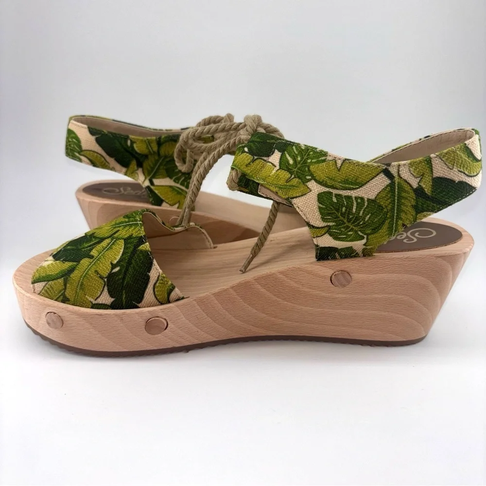 Sedette Tropical Print Platform Ethical Vegan Wood Sandals with Rope Tie Sz 8.5